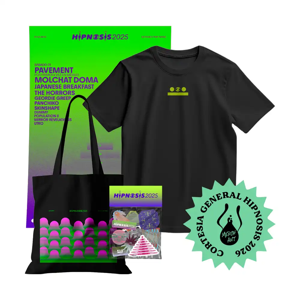 Playera Hipnosis 2025 + Tote Bag Hipnosis 2025 + Sticker Pack Hipnosis 2025 + Póster Hipnosis 2025 + Cortesia General Festival Hipnosis 2026 (23 y 24 de octubre)