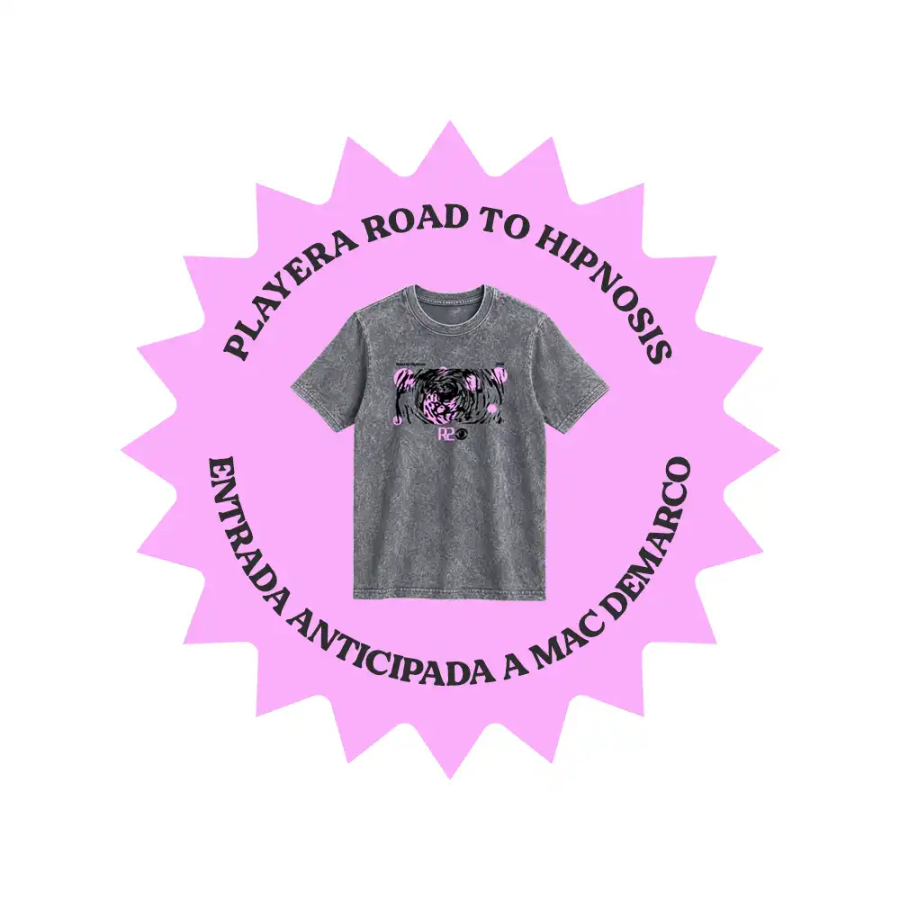 Producto digital complementario y voluntario en preventa que otorga a usuarios elegibles el derecho de acceso anticipado al concierto de Mac DeMarco (Road to Hipnosis: DREAMING) el viernes 6 de noviembre de 2026, así como una T-shirt conmemorativa Road to Hipnosis, disponible para pickup con tu número de orden en la Zona MerchAnt dentro de los recintos del programa Road to Hipnosis y del Festival Hipnosis 2026, bajo las condiciones, restricciones y reglamento aplicables al concierto. Producto no reembolsable.
